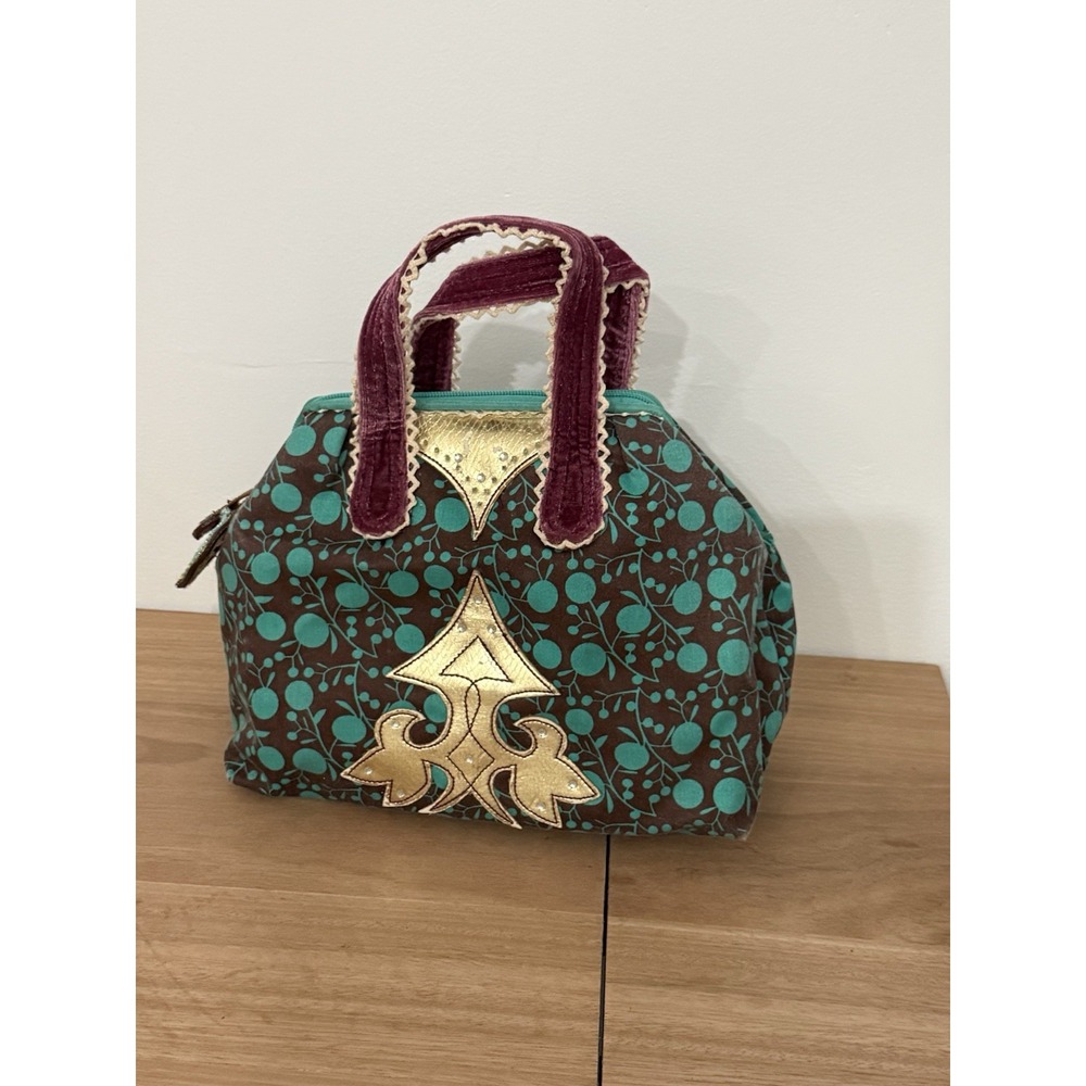 Vintage Loop Y2K Satchel Handbag Turquoise Velvet Fleur de Lis Rhinestone Boho